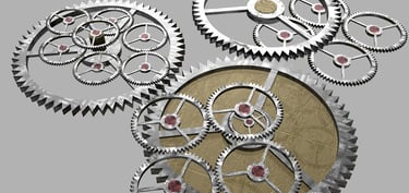Clockworks on a grey background representing technical translations