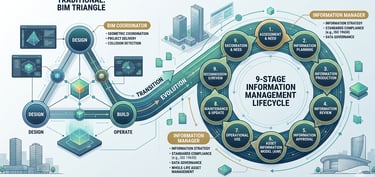 Illustration de la transition ISO 19650 : 9 étapes de l'Information Management unifié avec rôles définis