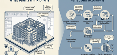 Schéma des trois dimensions du BIM selon Buildwise : maquette numérique, méthode de travail et échange d'informations