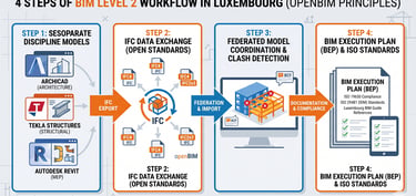 Tableau de bord de gestion de projet BIM niveau 2 avec BEP, MIDP et résultats d'audit IFC, contexte Luxembourg