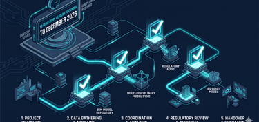 Diagramme workflow BIM avec horloge réglementaire UE et 4 actions IA à cocher   avant décembre 2026.