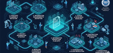 Diagramme des 9 étapes du processus BIM révisé selon ISO 19650 avec IPP central.