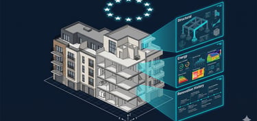 Schéma isométrique d'un bâtiment avec les couches de données du carnet numérique   EPBD