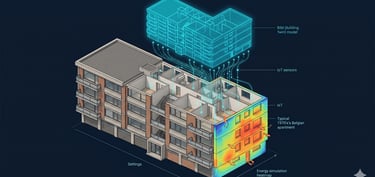 Bâtiment belge avec capteurs IoT et jumeau numérique BIM, flux de données énergétiques en temps réel, CORDIS