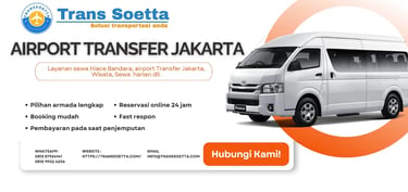 Brosur Transsoetta antar jemput bandara Soekarno-Hatta dengan gambar Toyota Hiace warna putih.