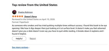 Five-star Amazon customer review for a paperback book about quitting smoking.