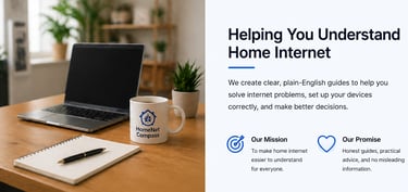 HomeNetCompass desk setup for writing home internet and Wi-Fi guides
