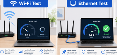 Comparison of Wi-Fi speed test and Ethernet speed test at home.