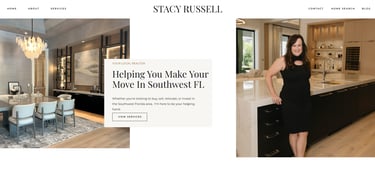 a woman standing in front of a kitchen with a table and chairs