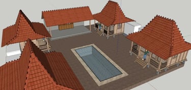 Complex 4 joglos, terrasse avec cuisine exterieure et piscine