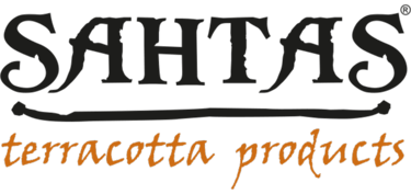 Sahtas terracotta products logo with orange script on a black background.