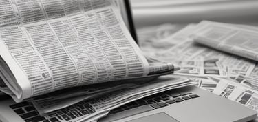 A stack of newspapers lies on a light-colored surface, with some pages slightly curling at the edges. Nearby, part of a laptop or similar electronic device is visible, suggesting a juxtaposition of print media and digital technology.