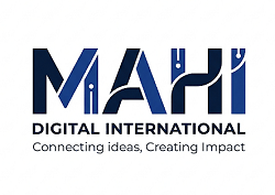 Mahi Digital International logo with blue typography and slogan on white background.