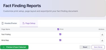 Screenshot of a Fact Finding Reports dashboard showing page setup options for printing and exporting documents.