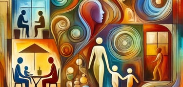 a painting of a family gathering in a colorful painting