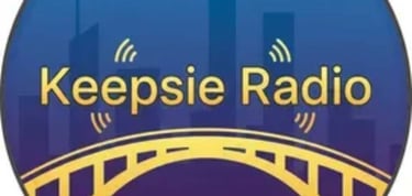Keepsie Radio logo featuring a yellow bridge icon over a blue and purple city skyline.