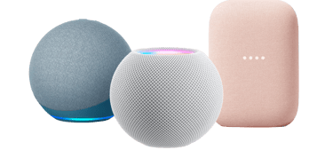 Smart Speakers, Amazon Echo Dot in Grey, Apple HomePod Mini in White, Google Nest Audio in Pink
