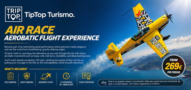 A bright yellow aerobatic stunt plane performing an air race flight experience over scenic mountains.