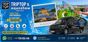 Black Triptop shuttle van providing transport to Aquashow Park Hotel with water slides in the background.