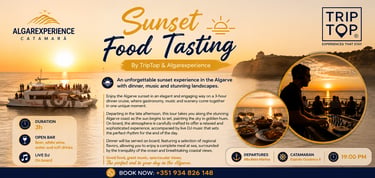 Sunset food tasting dinner cruise in Algarve with live DJ on a catamaran departing from Albufeira Marina.