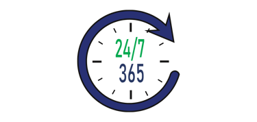 Clock design with the text 24/7/365 and an arrow rotating in a clockwise position.