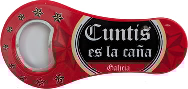 A red beer bottle opener that says 'Cuntis es la caña' Galicia