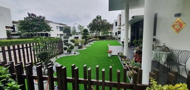 Modern bungalow front garden with topiary trees and artificial turf – Yie Yang Landscape, Malaysia