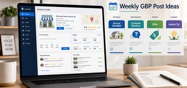 A laptop showing a Google Business Profile dashboard and a weekly GBP post ideas content calendar.