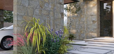 a car parked in front of a stone wall