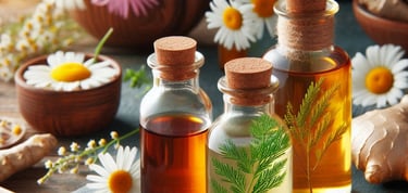 a variety of different types of essential oils with chamomile flowers