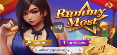 Rummy Most online card game app interface featuring a female character and play as guest login buttons.