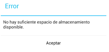 screenshot the un mensaje de almacenamiento lleno de un móvil con sistema Android