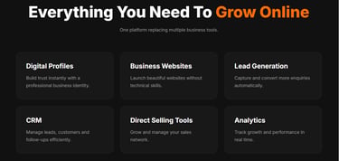 "GetMeIn Online all-in-one business growth platform featuring digital profiles, business websites, l