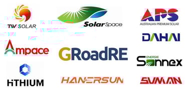 Logos of our partner brands, Tongwei, Longi, Jinko, and many other renowned solar companies