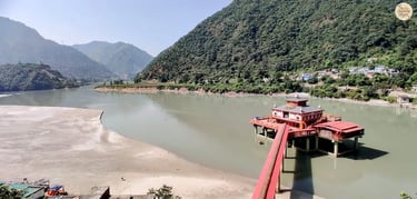 Island temple of Dhari Devi in the Alaknanda River, Uttarakhand, a sacred Himalayan shrine & guardian of Char Dham pilgrimage