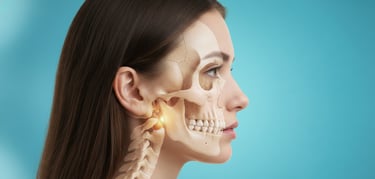 Ilustración lateral de la cabeza de una mujer con una superposición del cráneo y columna vertebral