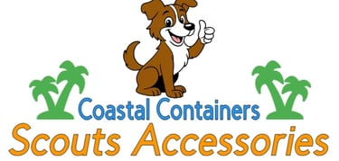 Logo for Scout's Accessories from Coastal Containers, featuring Scout the dog giving a thumbs up.