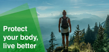 Hiker on mountain. text 'protect your body, live better'