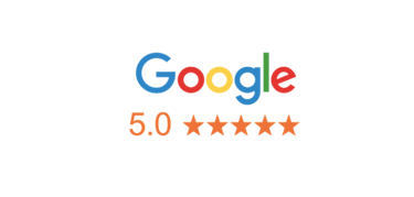 Google logo with a 5.0 star rating and five orange stars on a black background.