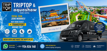 Black Triptop transport van and colorful waterslides at Aquashow Park Hotel in Portugal.