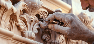 Close-up of a craftsman meticulously carving intricate details into antique furniture, showcasing expert craftsmanship and de