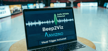 A laptop screen displaying Beep2Viz audio whistle detection software on a basketball court.