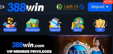 388Win Game Play interface featuring VIP Membership, referral rewards, and slot games on Android.