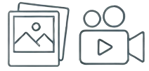 Minimalist outline icons representing digital media content including photos and video camera graphics.