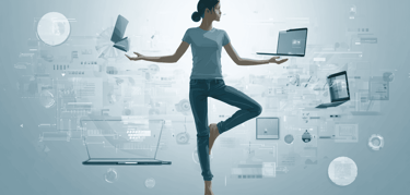 a woman doing yoga exercises on a laptop