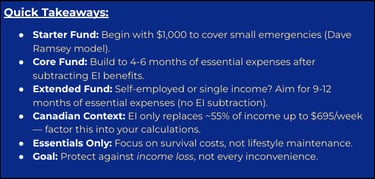 Quick Takeaways on blog about how much emergency fund do you need in Canada