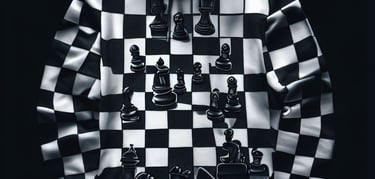 a black and white photograph of a chess board game on a shirt