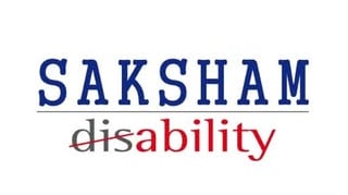 Saksham Disability logo with blue and red text on a white background.