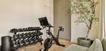 Home gym setup with black stationary exercise bike, dumbbell rack, green sofa, and potted plant, offering a convenient
