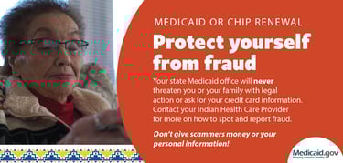 a woman with glasses and a red jacket with text saying to protect yourself from fraud